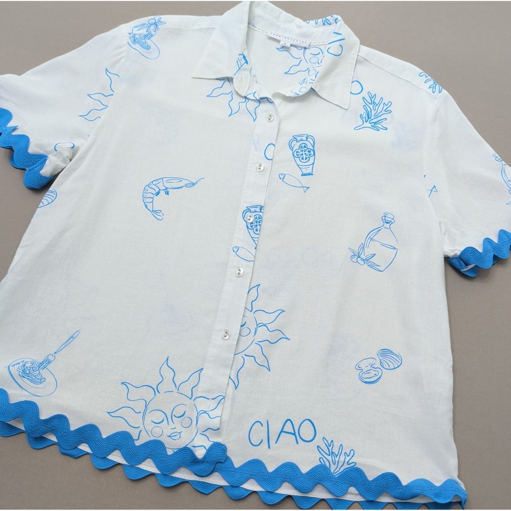 Jane + Delancey Ciao White Blue Trim Scalloped Linen Blend Button Shirt Sz M